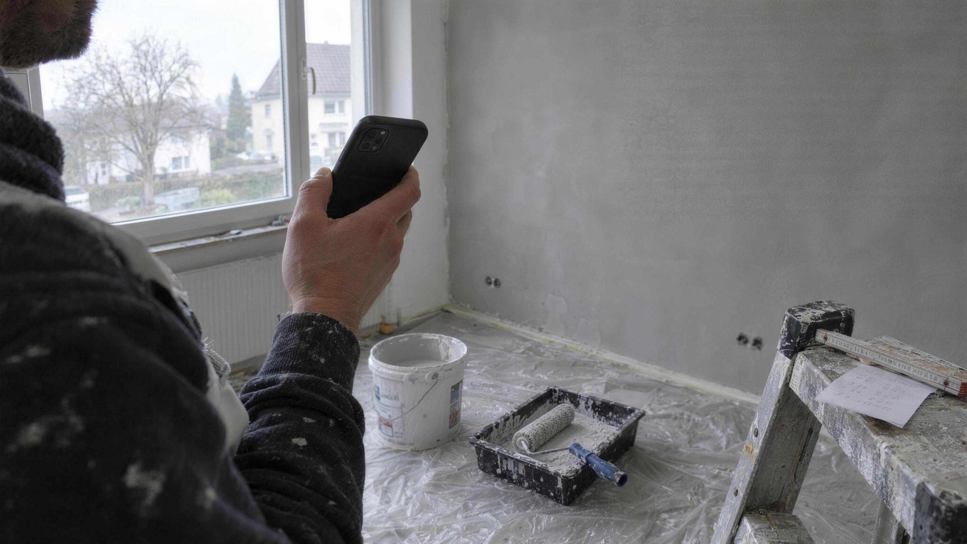 Maler hält ein Handy vor einer frisch verputzten Wand, am Boden Farbeimer, Farbrolle und Abdeckfolie