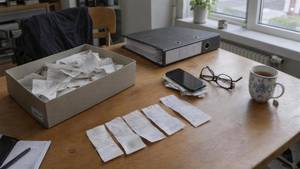 Küchentisch mit Schuhkarton voller Kassenbons, Ordner, Handy, Lesebrille und Tasse Tee