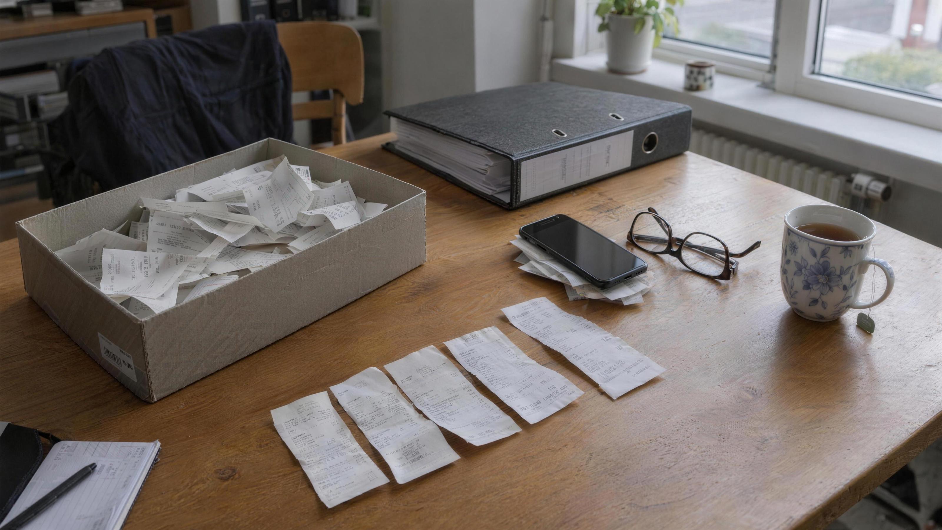 Küchentisch mit Schuhkarton voller Kassenbons, Ordner, Handy, Lesebrille und Tasse Tee