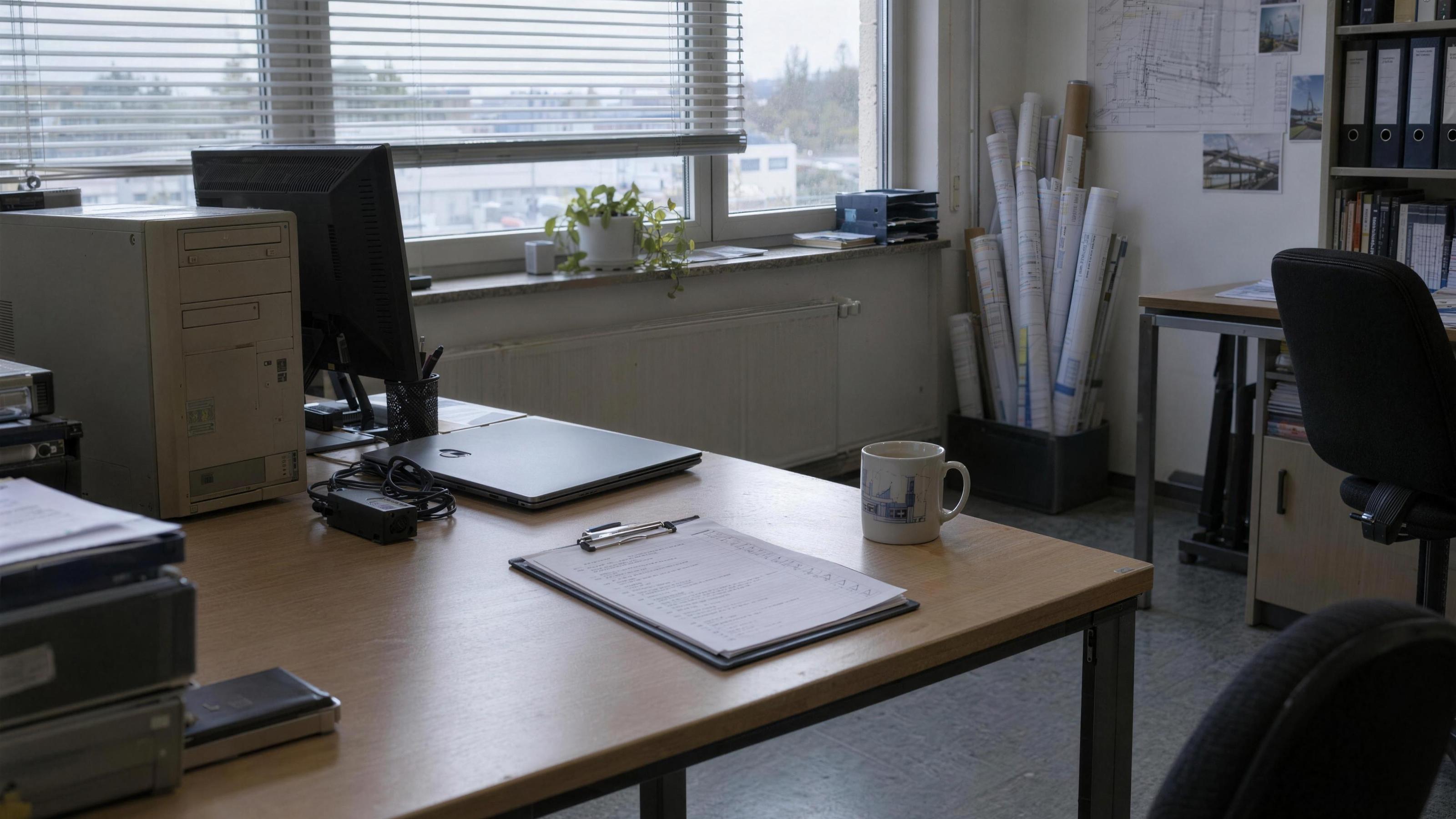 Leeres Ingenieurbüro am Samstag: alter Rechner und neuer Laptop auf einem Schreibtisch, daneben Klemmbrett mit Checkliste und Tasse