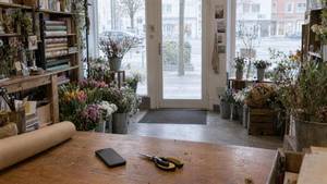 Blumenladen vom Verkaufstresen aus, auf dem Tresen ein Handy und eine Schere, dahinter Eimer mit Schnittblumen und die Ladentür