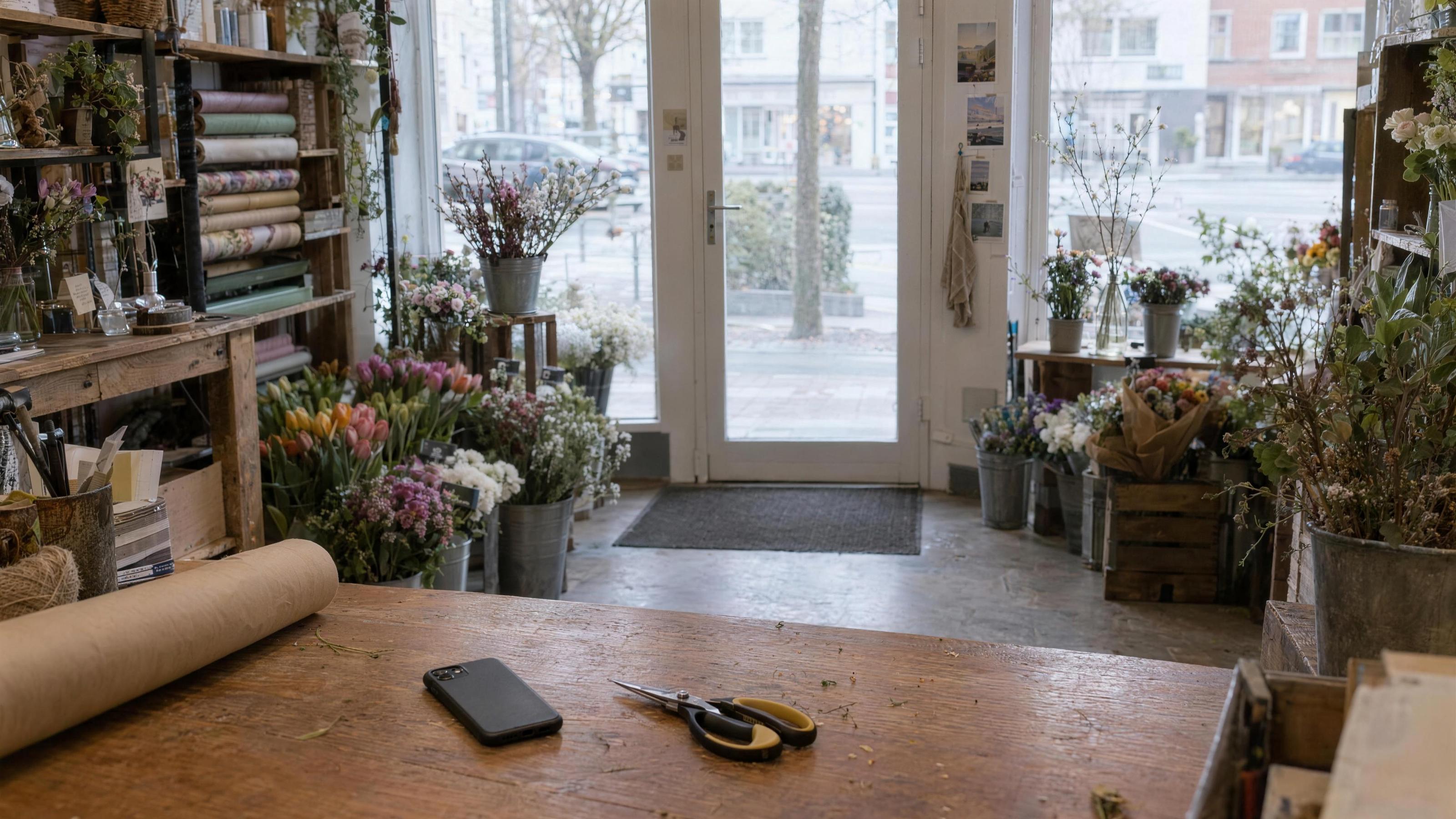 Blumenladen vom Verkaufstresen aus, auf dem Tresen ein Handy und eine Schere, dahinter Eimer mit Schnittblumen und die Ladentür
