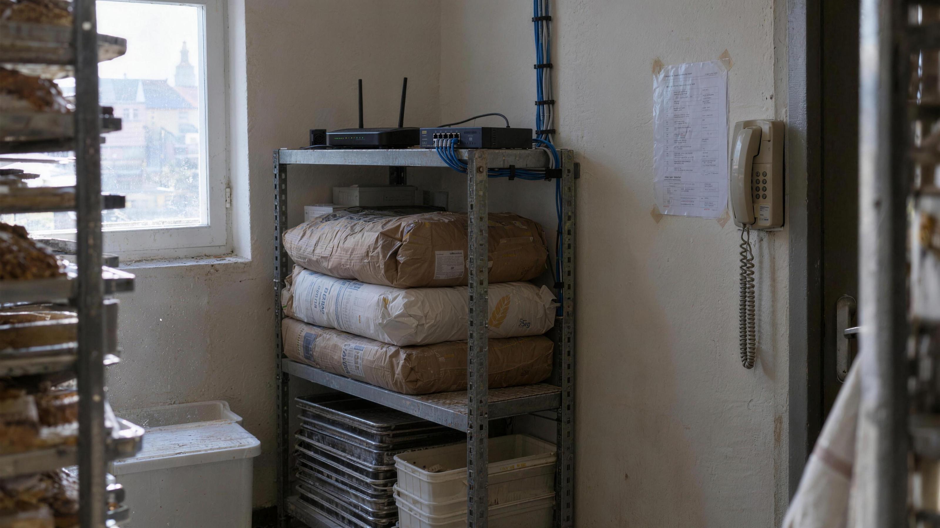 Hinterzimmer einer Bäckerei mit Router auf dem Regal, daneben ein Blatt an der Wand und ein Wandtelefon