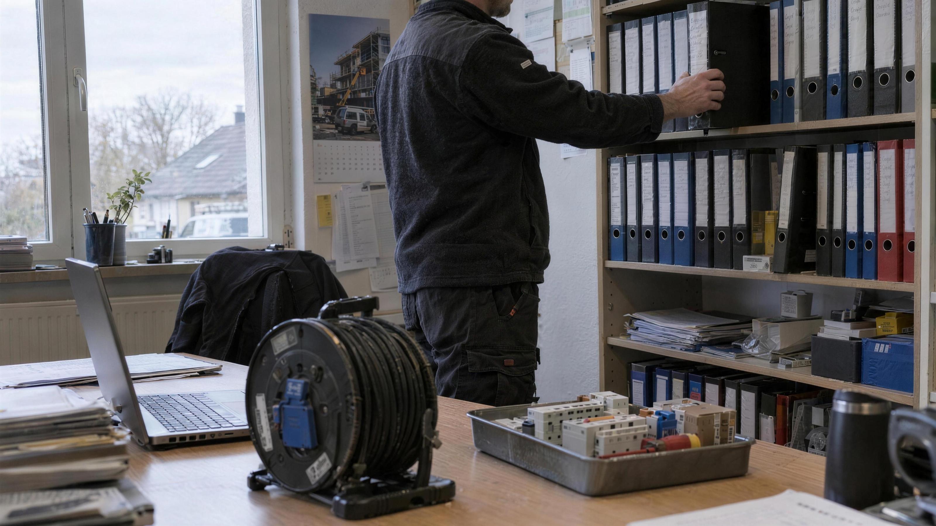 Büro eines kleinen Elektrobetriebs: ein Mitarbeiter zieht einen Ordner aus dem Regal, vorn Kabeltrommel, Laptop und Bauteile