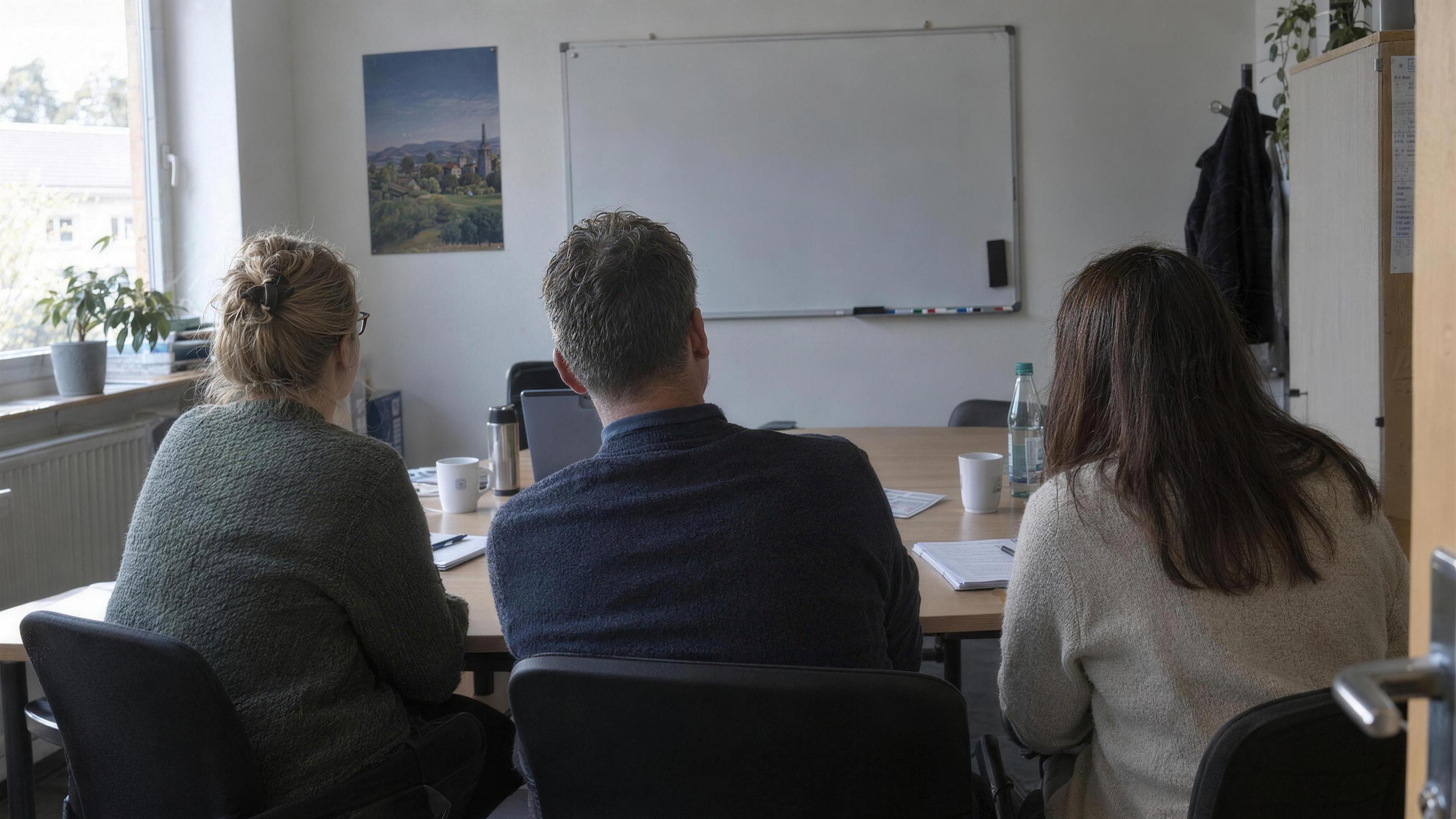 Drei Mitarbeitende von hinten an einem Besprechungstisch mit Laptop und Kaffeetassen, vorn ein leeres Whiteboard