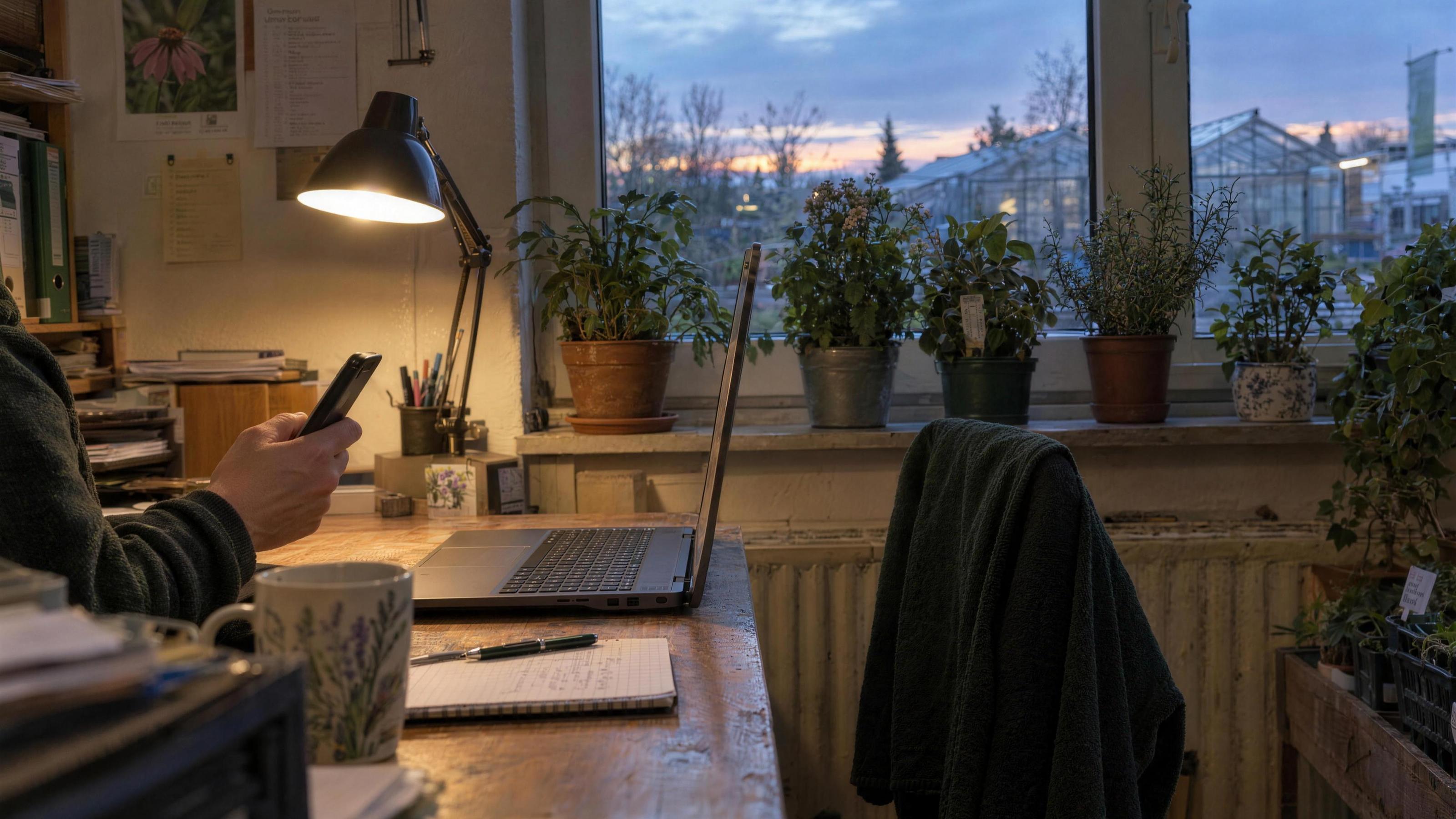 Büro einer Gärtnerei am Abend mit Schreibtischlampe, Laptop und einer Hand, die ein Handy hält