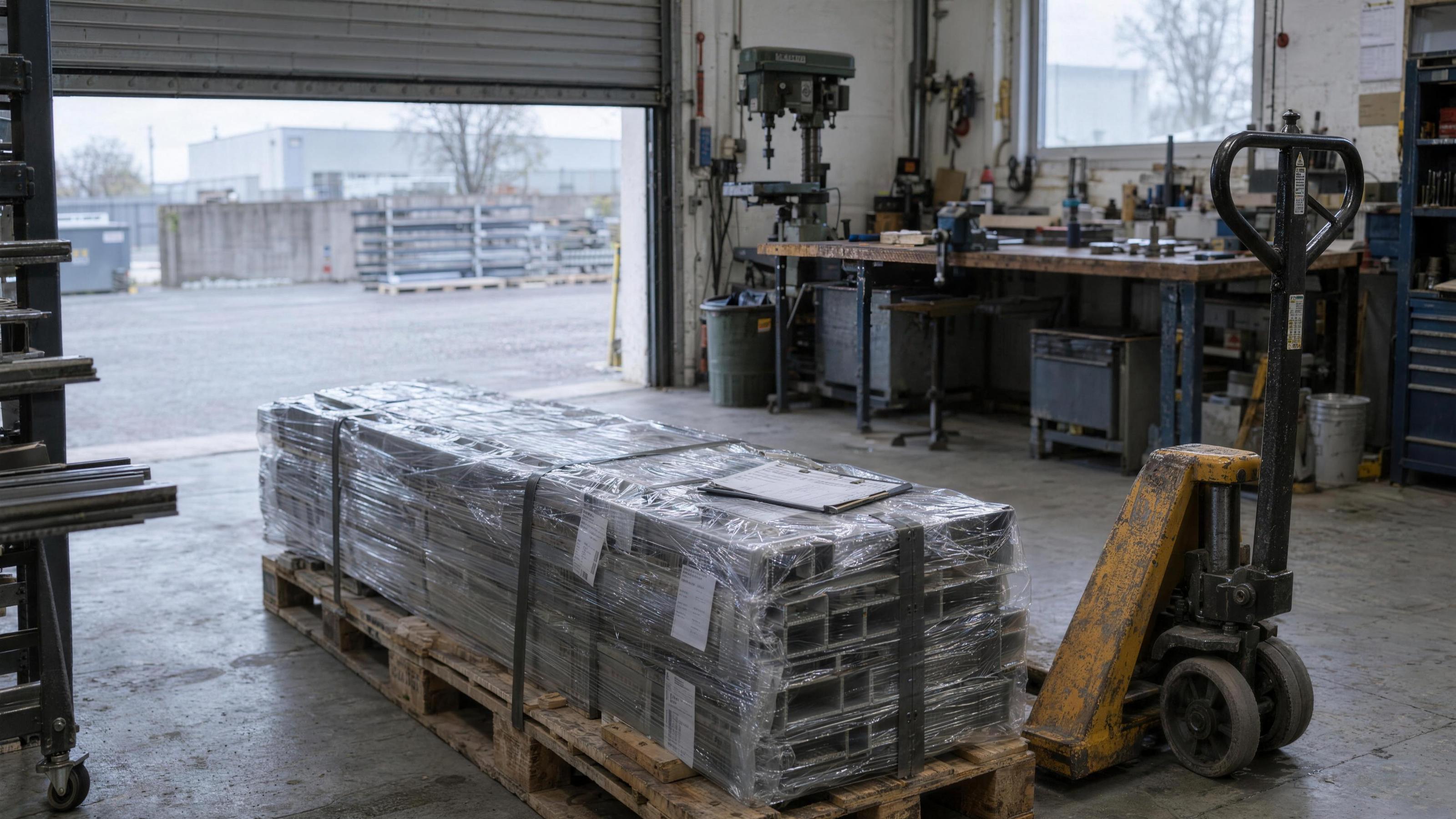 Wareneingang eines kleinen Metallbaubetriebs mit eingeschweißter Palette, Lieferschein und Hubwagen