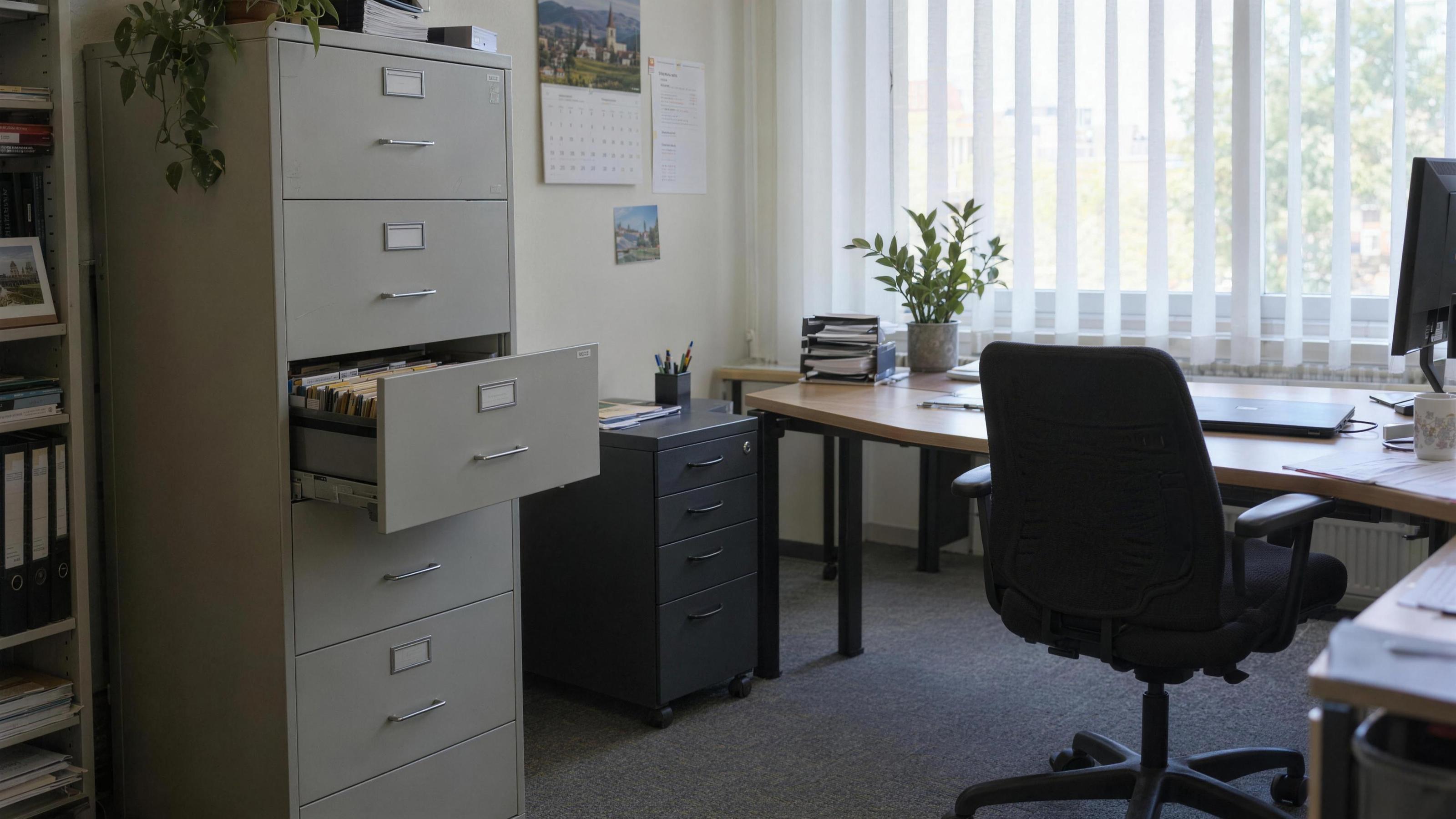 Büro einer kleinen Steuerkanzlei mit gemeinsamem Aktenschrank, eine Schublade mit Hängeregistern offen, daneben ein Rollcontainer