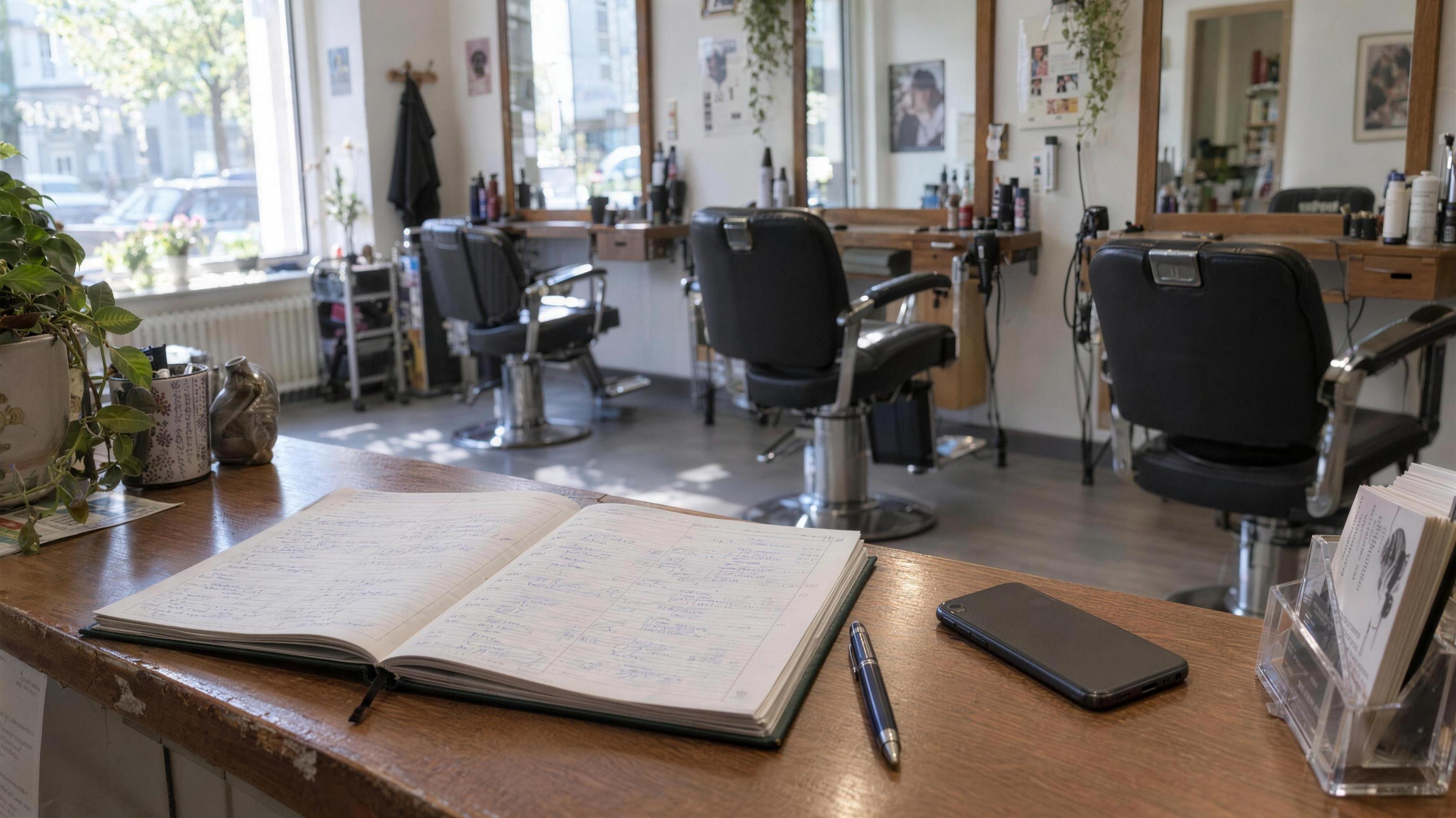 Empfangstresen eines Friseursalons mit aufgeschlagenem Terminbuch, Handy und Visitenkarten, dahinter die Friseurstühle