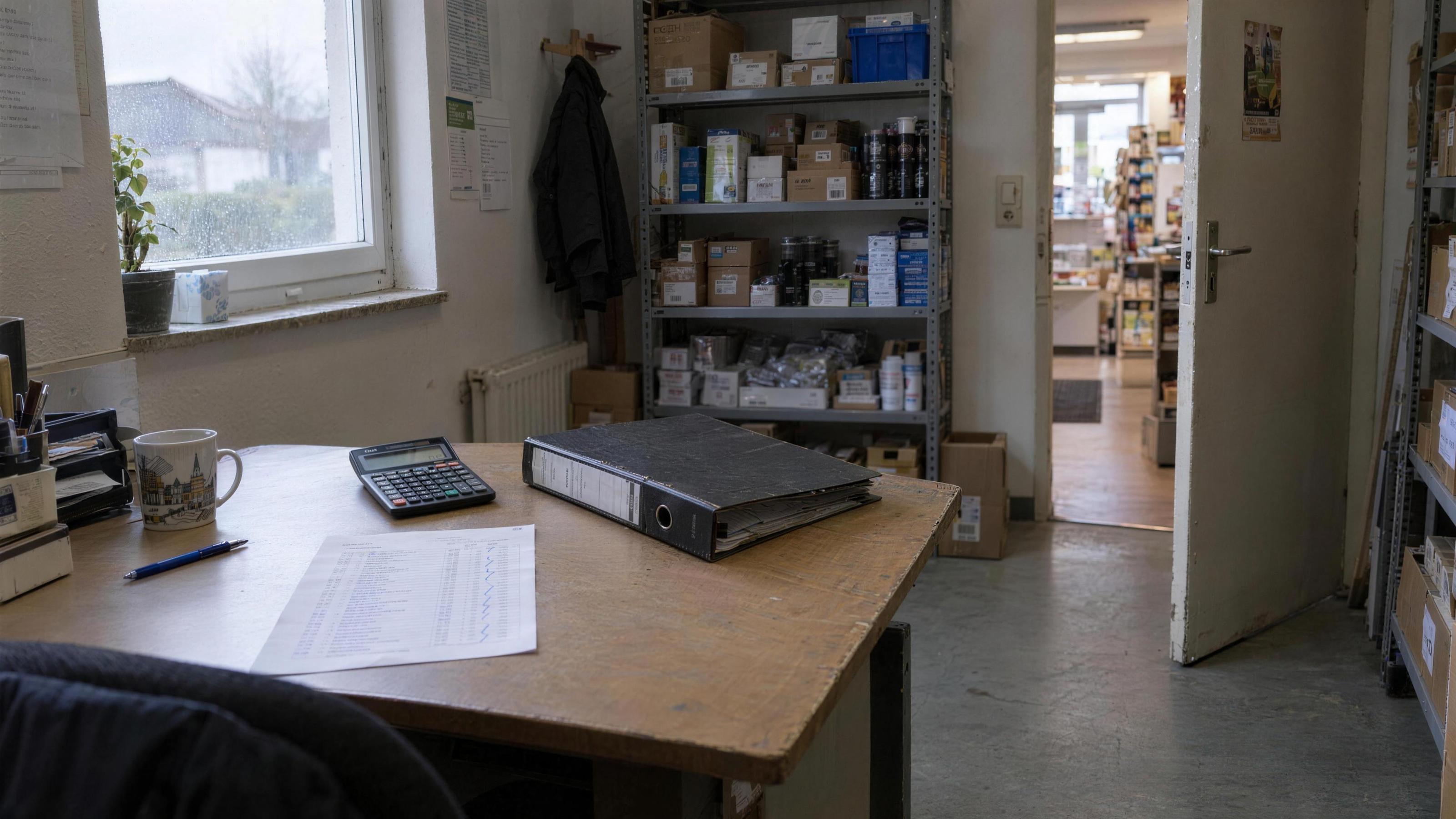 Hinterzimmer-Büro eines kleinen Ladens mit abgehakter Liste, Taschenrechner, Ordner und Kaffeetasse, durch die offene Tür der Verkaufsraum