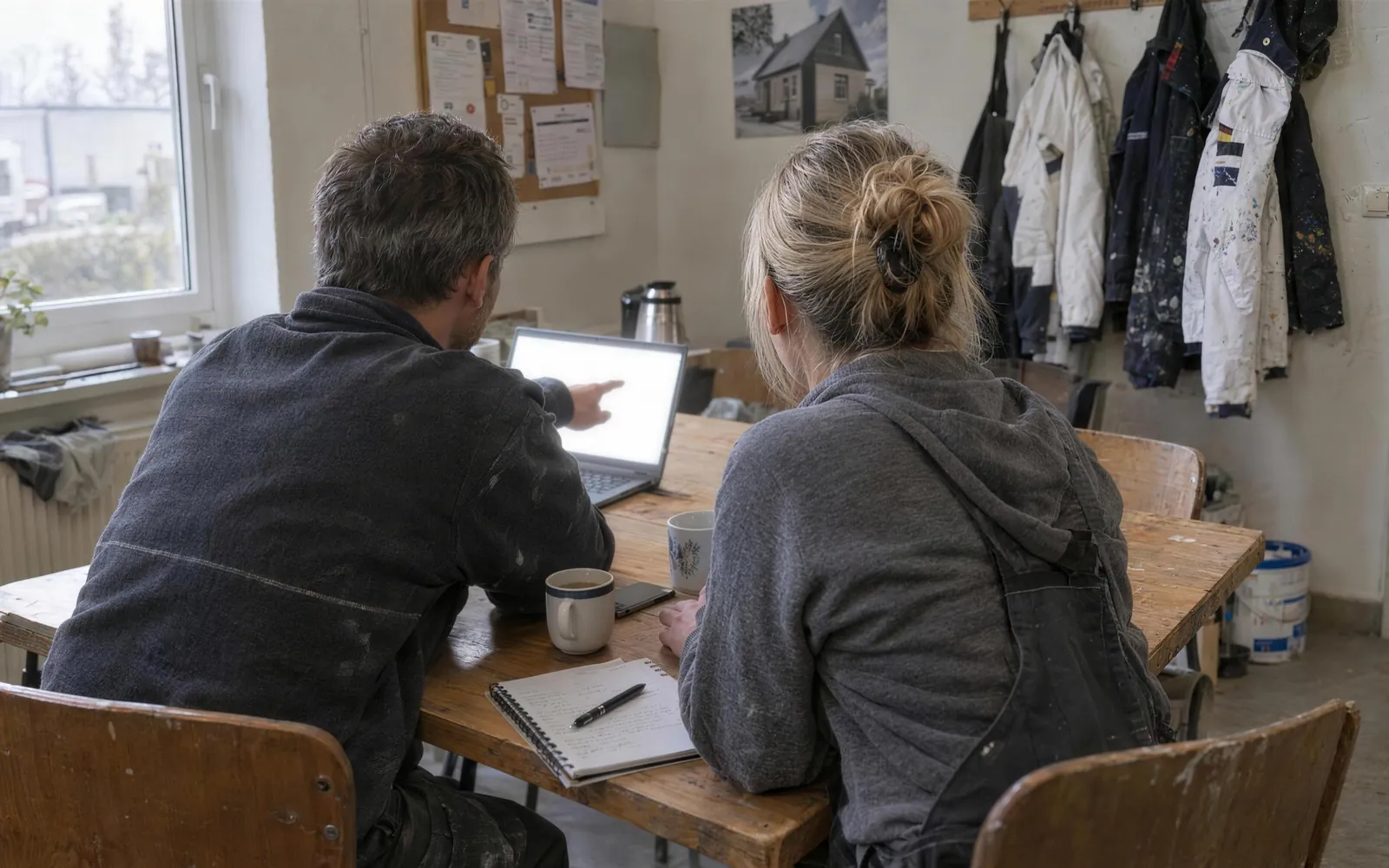Zwei Mitarbeitende eines Malerbetriebs sitzen im Pausenraum nebeneinander an einem Laptop, einer zeigt auf den Bildschirm