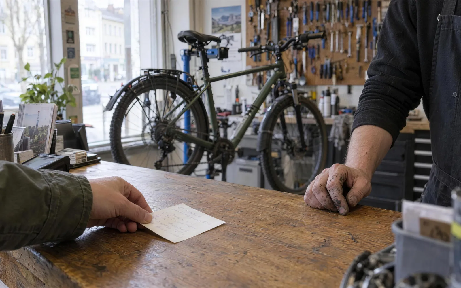 Am Tresen einer Fahrradwerkstatt legt ein Kunde einen Zettel hin, gegenüber die Hand des Mechanikers