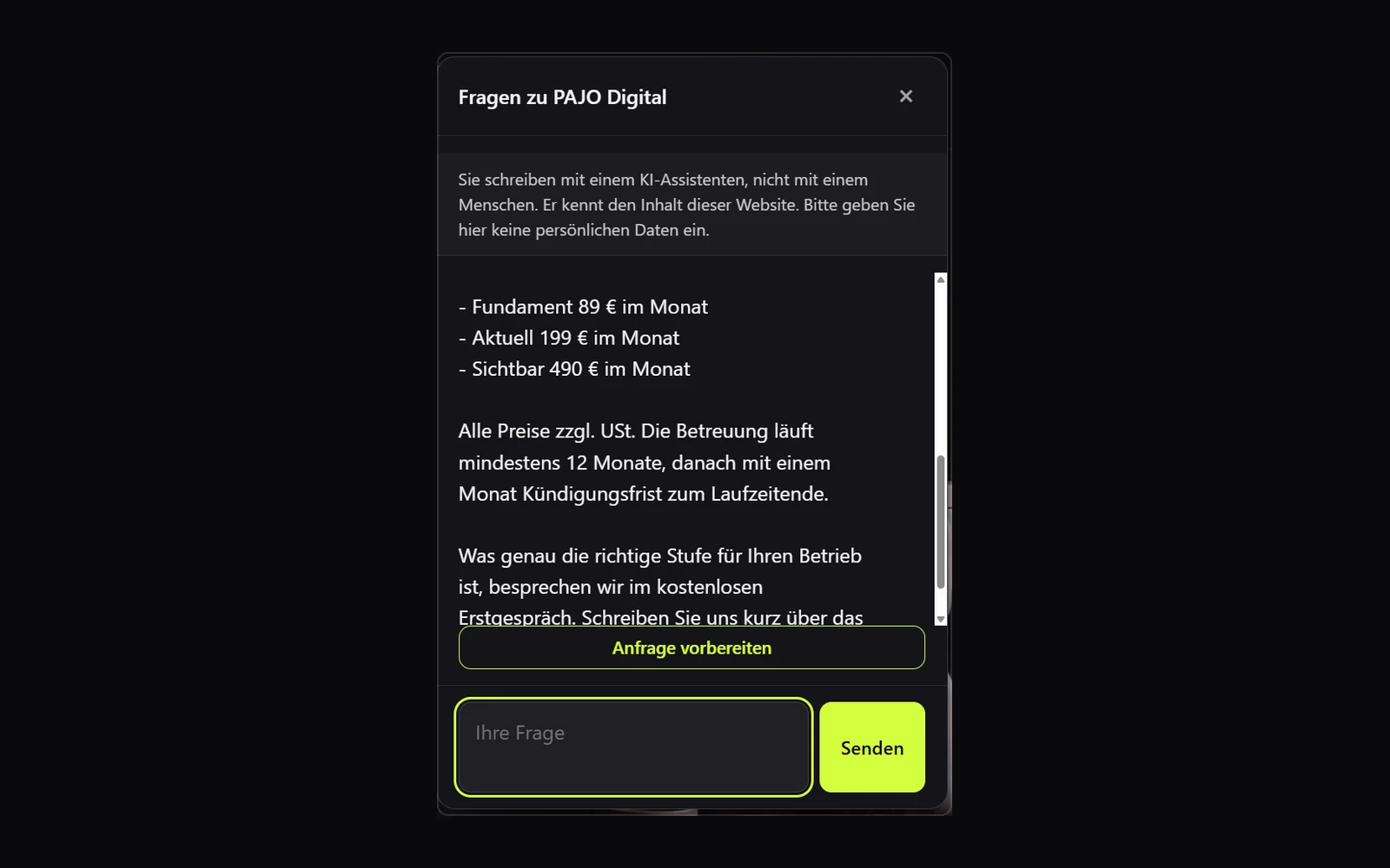 Das Chatfenster des PAJO Chat mit einer Antwort zu den Betreuungsstufen und dem Hinweis, dass hier ein KI-Assistent antwortet