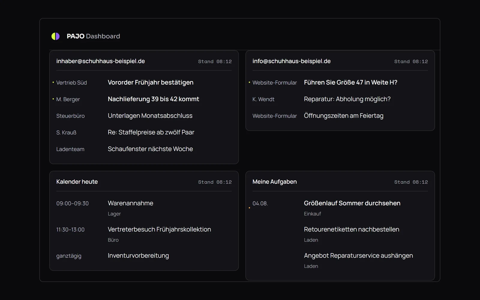 Das PAJO Dashboard mit Kacheln für zwei Postfächer, die Termine des Tages und die eigenen Aufgaben