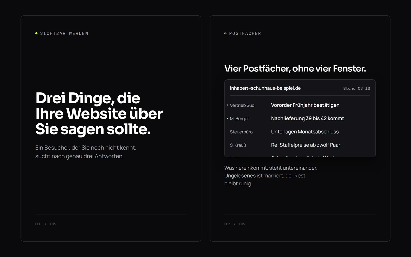 Zwei fertige Instagram-Beiträge im PAJO-Design: einer mit einer Überschrift und einer kurzen Erklärung, einer mit einer Beispielansicht von Postfächern